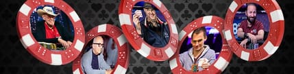 Pokerinpelaajien kuvia pelimerkeissä