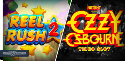 Tähtiä ja tekstit "Reel Rush 2" ja "Ozzy Osbourne Video Slot"